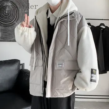 Gmiixder Поддельное пальто с подкладкой из овечьей шерсти, мужская зимняя куртка в гонконгском стиле, трендовые утолщенные парки, Стеганая куртка Оверсайз с капюшоном.