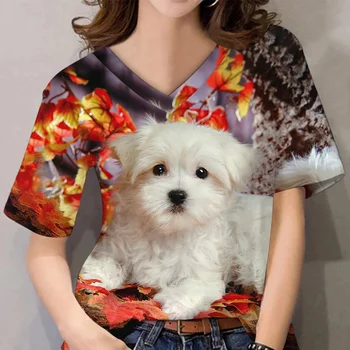 Женские футболки, футболки с V-образным вырезом, модные топы для девочек с принтом щенка, летняя свободная одежда с животными в стиле харадзюку с коротким рукавом Оверсайз