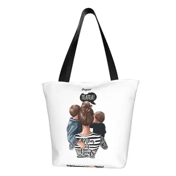 Переработка мультяшной сумки для супер мамы и ребенка, женская холщовая сумка-тоут, портативные модные сумки для покупок для милых мам