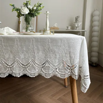 Роскошная скатерть из французского хлопка с белой вышивкой, кружевная скатерть в цветочек для украшения дома, свадебной вечеринки, скатерть для стола