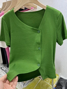 Зеленая Женская футболка с коротким рукавом, Хлопковая Повседневная Однобортная Дизайнерская Женская футболка 2023, Летние Новые Модные Однотонные Топы
