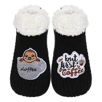Носки-тапочки серии Animal /Супер Уютные черные пушистые домашние носки /Домашние носки на флисовой подкладке с застежками, Sloth Coffee
