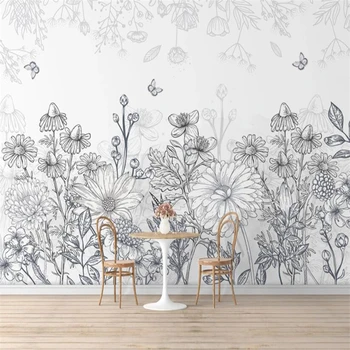 beibehang Изготовленный на заказ винтажный эскиз цветочная фреска Обои для гостиной Ресторан Креативные цветы и растения фон для телевизора в помещении