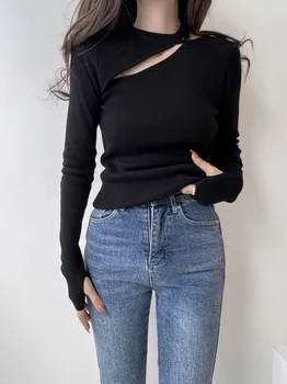 Черная выдолбленная трикотажная женская осенняя футболка с чувством дизайна, облегающая французские тонкие футболки с длинными рукавами C912