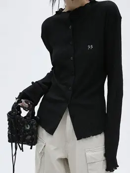 Оригинальный дизайн, вышивка ЛОГОТИПА, ранняя осень, тонкий кардиган, маленькое пальто в складку, черный /серый