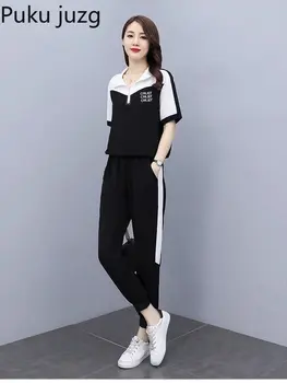 Летний женский спортивный костюм 2022 года, костюм для бега, Корейская версия, воротник-стойка, сшитый комплект из двух предметов, женский модный повседневный спортивный костюм