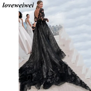 Свадебные платья в готическом стиле с черной кружевной аппликацией, сексуальное вечернее платье трапециевидной формы с открытой спиной, глубокий V-образный вырез, длинные рукава, свадебные платья