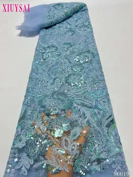Кружевная ткань с пайетками в нигерийском стиле 2023 Высококачественная ткань с вышивкой из африканского тюля персикового цвета для шитья свадебного платья, Сетчатое кружево 5 ярдов