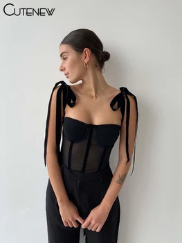 Новый модный женский сетчатый сексуальный черный топ, жилет без рукавов, лоскутная майка, шнуровка на подтяжках, уличная одежда, новая мода