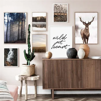 Картина с пейзажем осеннего леса в скандинавском стиле, картина с отражением озера, плакат с лосем, диван, стена, спальня, ресторан, декоративные картины