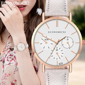 Новые женские часы люксового бренда, повседневные изысканные часы на кожаном ремне с модными кварцевыми наручными часами в простом стиле Reloj Mujer