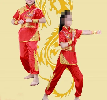 УНИСЕКС, 4 вида цветов, летняя черная/красная детская форма ушу, Одежда с вышивкой дракона, детские костюмы для боевых искусств тайцзи кунг-фу