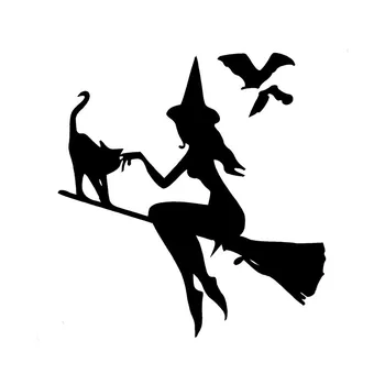 Наклейка с милой метлой ведьмы и кошкой-летучей мышью, наклейка на Хэллоуин, подходящая для кузова, наклейка на окно автомобиля, автомобильные аксессуары, украшение автомобиля