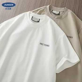 DUKEEN 320 г тяжеловесная футболка с короткими рукавами, мужские летние трикотажные футболки с вышитыми буквами, свободные топы с круглым вырезом до половины рукава