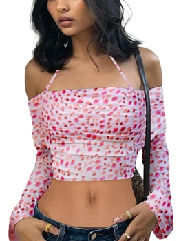 Женская Укороченная футболка с длинным рукавом, Повседневные Топы с цветочным принтом и открытыми плечами, Эстетические Пуловеры 2000-х, Уличная Клубная одежда E-Girl