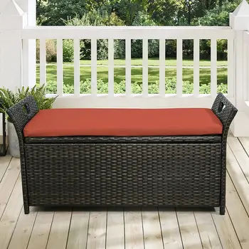 Плетеная скамейка для хранения во внутреннем дворике, Открытый ящик для хранения палубы из ротанга с красной подушкой
