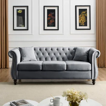 Современный 80-дюймовый диван Chesterfield из Серого бархата, 3-местный диван, Обитый хохолком, со Скрученными Подлокотниками и спинкой для ногтей, две подушки, для гостиной