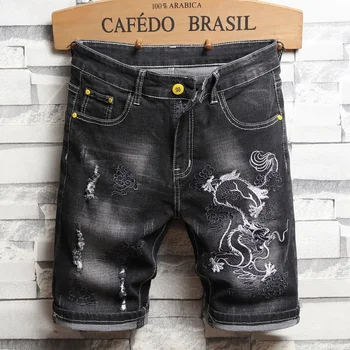 Мужские шорты с вышивкой Дракона в китайском стиле, джинсы, Облегающие, длиной до колен, Модные Потертые Черные джинсовые шорты из эластичного хлопка.