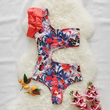 Цельный Комплект Бикини Модные Пляжные Купальники Новый Стиль С Оборками На Плечах Цветочный