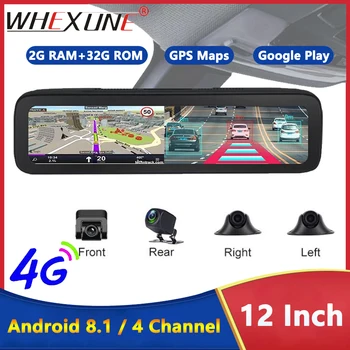 12-дюймовый автомобильный видеорегистратор 4G, видеомагнитофон Android 8.1 с 4 камерами, 2 ГБ + 32 ГБ, приборная панель GPS-навигации, Панорамное зеркало заднего вида на 360 °.