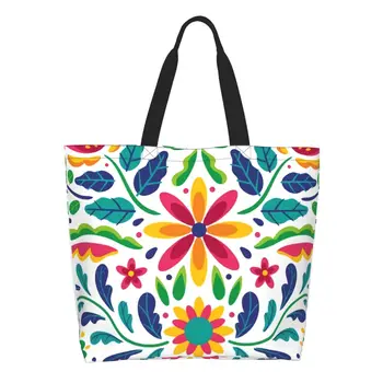 Изготовленные на заказ Мексиканские цветы Холщовые сумки для покупок Женские многоразовые сумки для покупок большой емкости