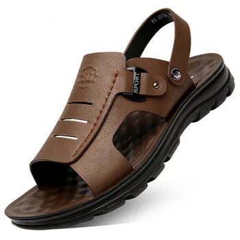 Новые мужские тапочки, Летние кожаные сандалии, нескользящая износостойкая пляжная обувь, Кожаные сандалии, повседневные сандалии и тапочки