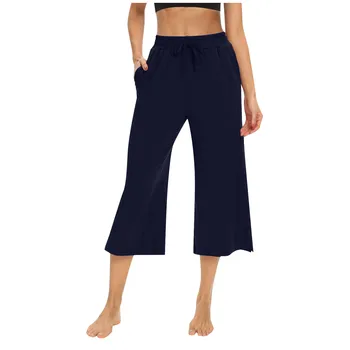 2023 Весенне-летние укороченные брюки, женские широкие брюки с эластичной резинкой на талии, Брюки с высокой талией, повседневные широкие брюки