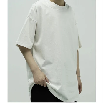 Мужская прямая футболка с коротким рукавом, персонализированная черно-бело-серая свободная футболка с неправильной формой двойного выреза для большой пары
