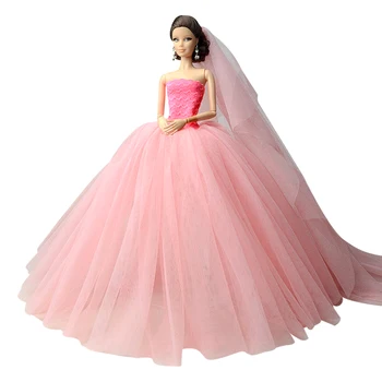 1 шт. Модное свадебное платье, Розовые кружевные наряды, вечернее платье принцессы, Длинные платья, одежда для кукол и вуаль для куклы Барби