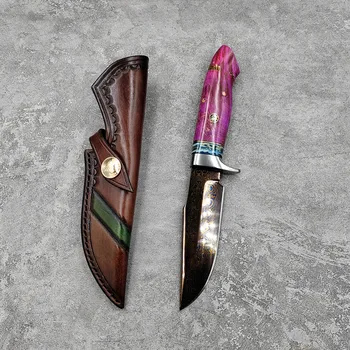 Новый кованый нож из Дамасской стали с фиксированным лезвием, Прямой нож для выживания в походе на открытом воздухе В кожаных ножнах, Подарочная коллекция