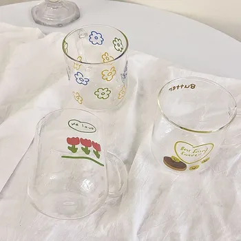 Стеклянная чашка ins wind tulip в корейском стиле, прозрачная стеклянная чашка, милая термостойкая чашка для кофе со льдом и молоком