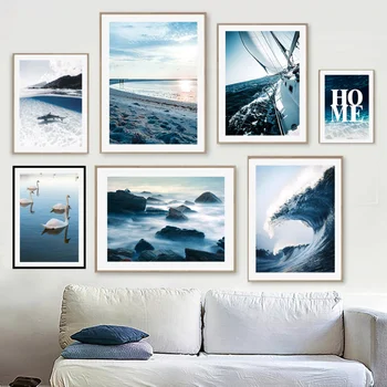 Плакаты и гравюры в скандинавском стиле, картина на холсте, голубой пляж, каменная лодка, изображение лебедя, украшение для дивана в гостиной, без рамки