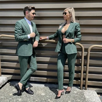 Комплект подходящей одежды для пар, мужские и женские костюмы в зеленую полоску для свадьбы, официальная одежда/ повседневные уличные повседневные брюки-блейзер 2023