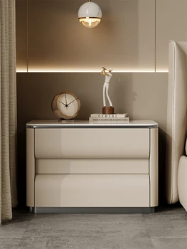 Прикроватная тумбочка в итальянском легком роскошном минималистичном кремовом стиле, кожаный шкаф для хранения в спальне, шкаф для хранения