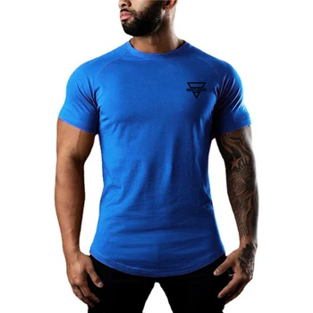 Летняя хлопчатобумажная рубашка для спортзала, мужская футболка для бега, приталенная рубашка с коротким рукавом, футболки для тренировок, футболка для бодибилдинга, фитнеса