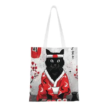 Многоразовая сумка для покупок японской кухни, женская холщовая сумка-тоут, прочные сумки для покупок продуктов Sushi Cat Japan