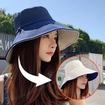 Летние двусторонние шляпы-ведерки, модная складная однотонная солнцезащитная шляпа с большими полями, женские уличные пляжные кепки с козырьком, кепка рыбака для путешествий