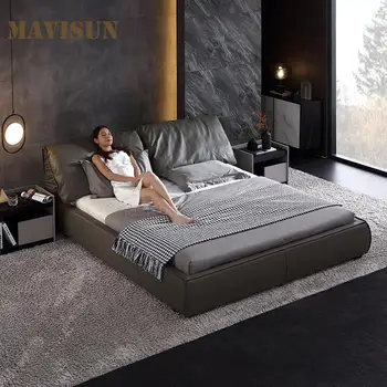 Постмодернистская кожаная кровать Современная минималистичная кровать в главной спальне Скандинавская итальянская минималистичная свадебная кровать Кожаная кровать