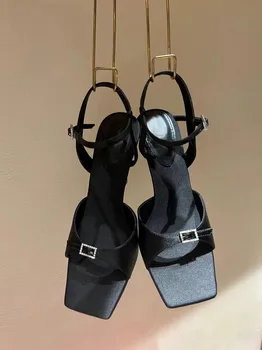 Однотонные Сандалии с открытым носком, Летняя Лаконичная Модная Женская обувь На высоком каблуке со стразами и ремешками, Офисные туфли-лодочки Zapatillas Mujer