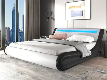Каркас кровати с мягкой обивкой полного размера / Queen Size со светодиодным изголовьем, черно-белый